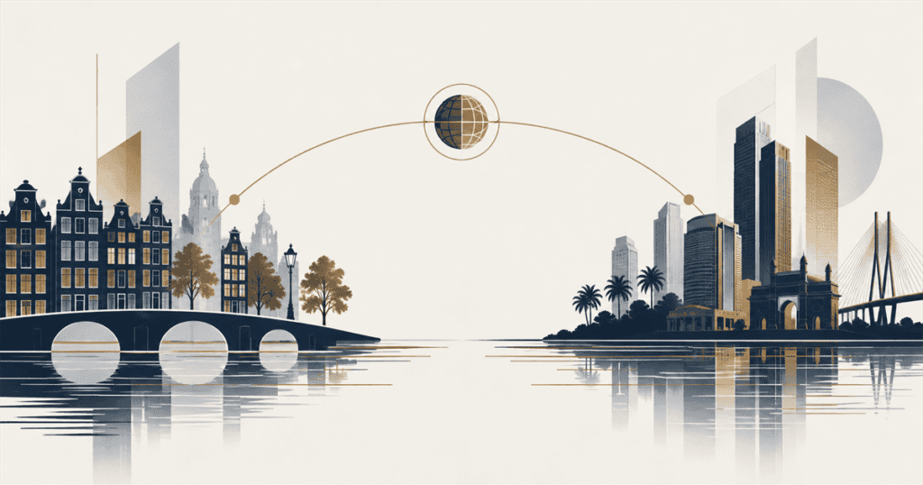Netherlands to India company setup illustrated with Dutch and Indian business skylines