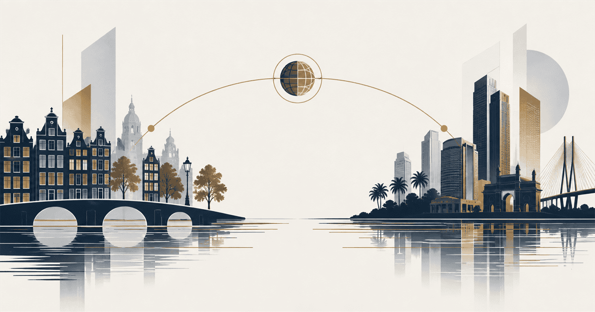 Netherlands to India company setup illustrated with Dutch and Indian business skylines